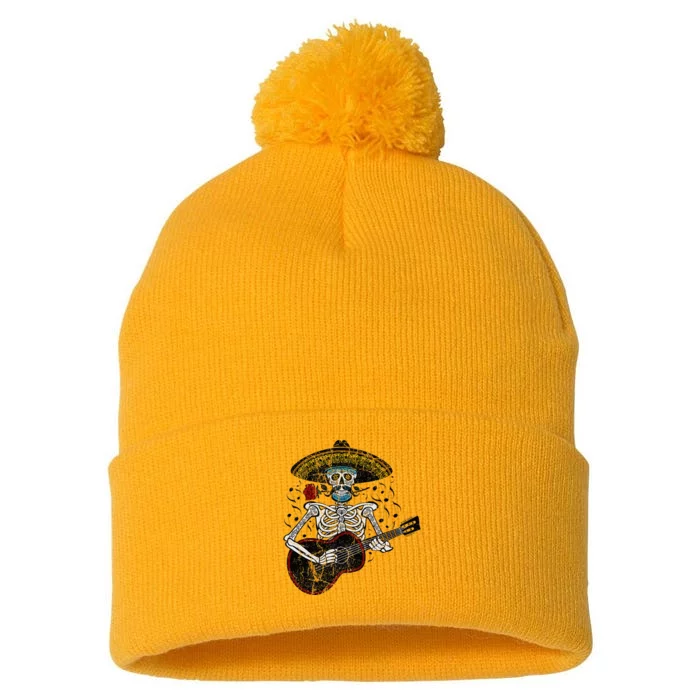 Mariachi Skeleton Playing Guitar Day Of The Dead Pom Pom 12in Knit Beanie