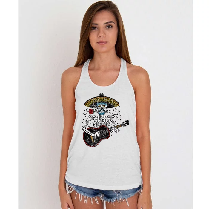 Mariachi Skeleton Playing Guitar Day Of The Dead Women's Knotted Racerback Tank