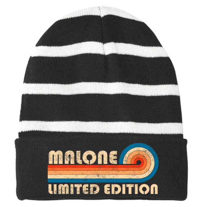 Malone Surname Retro Vintage 80s 90s Birthday Reunion Striped Beanie with Solid Band