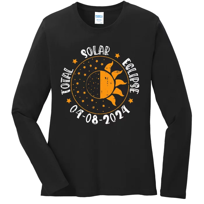 Moon Sun Retro Total Solar Eclipse April 8 2024 Totality Ladies Long Sleeve Shirt