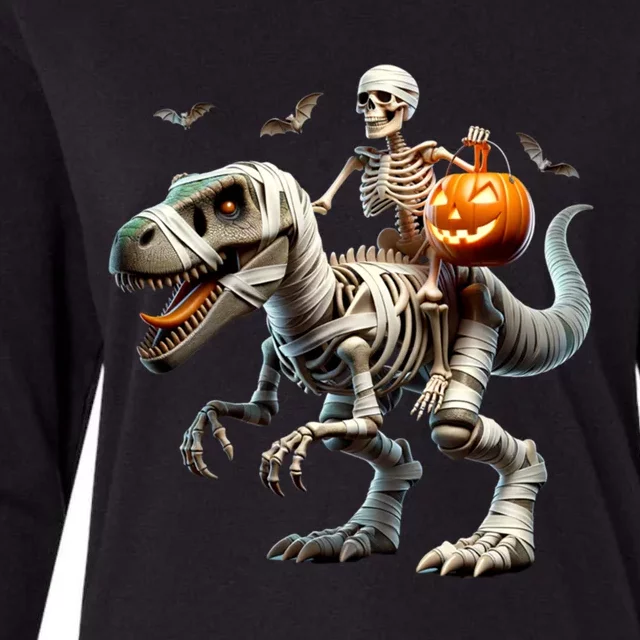 Mummy Skeleton Riding Dinosaur Halloween Spooky Design Gift Womens Cotton Relaxed Long Sleeve T-Shirt