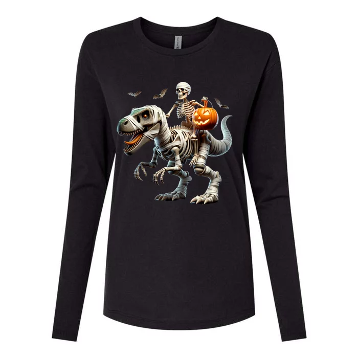 Mummy Skeleton Riding Dinosaur Halloween Spooky Design Gift Womens Cotton Relaxed Long Sleeve T-Shirt