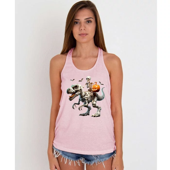 Mummy Skeleton Riding Dinosaur Halloween Spooky Design Gift Women's Knotted Racerback Tank