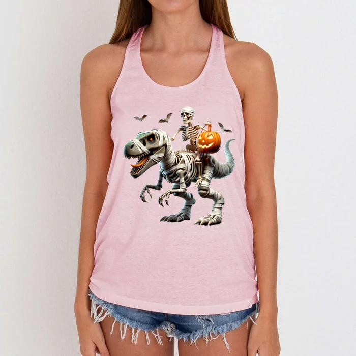 Mummy Skeleton Riding Dinosaur Halloween Spooky Design Gift Women's Knotted Racerback Tank