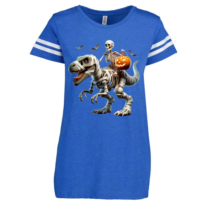 Mummy Skeleton Riding Dinosaur Halloween Spooky Design Gift Enza Ladies Jersey Football T-Shirt