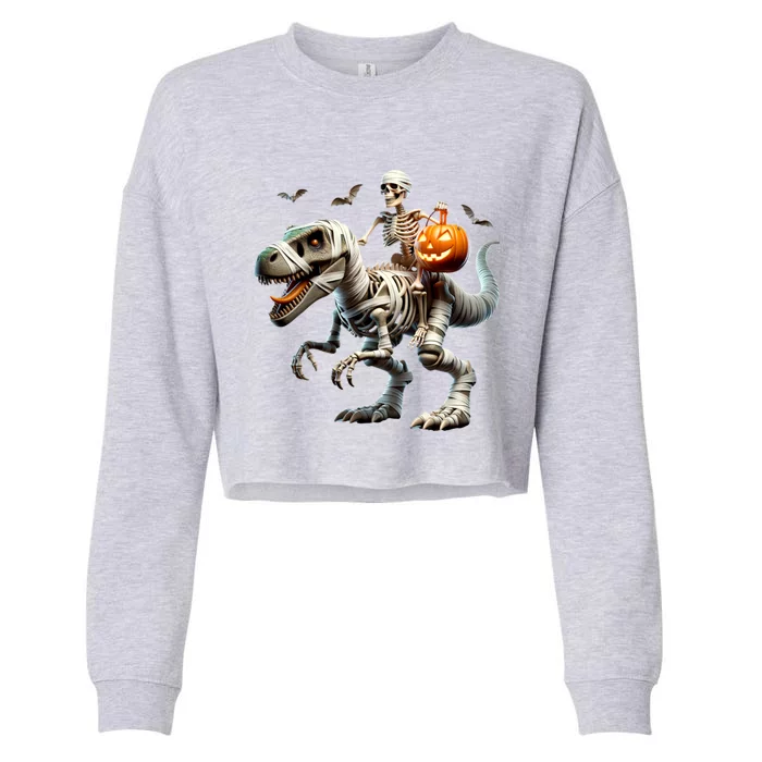 Mummy Skeleton Riding Dinosaur Halloween Spooky Design Gift Cropped Pullover Crew