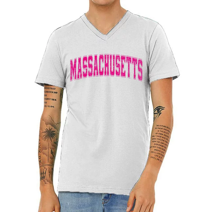 Massachusetts State Retro Pink Varsity Vintage Text V-Neck T-Shirt