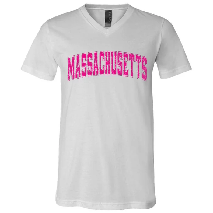 Massachusetts State Retro Pink Varsity Vintage Text V-Neck T-Shirt