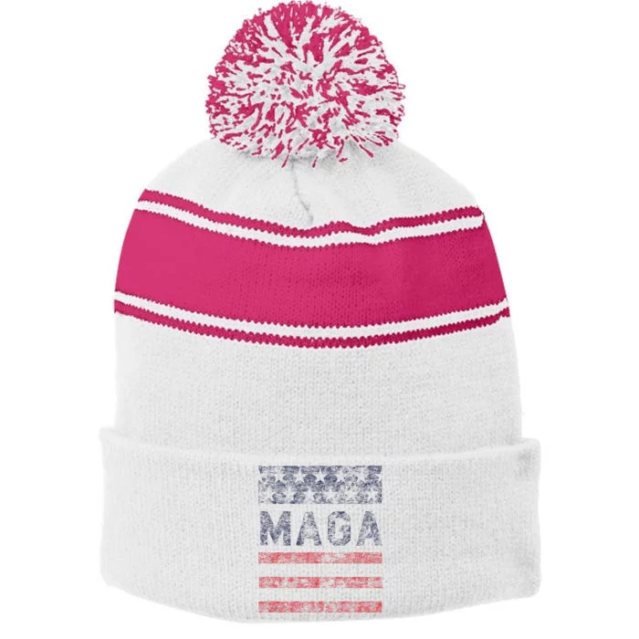 MAGA Stars & Stripes Retro Vintage Distressed Graphic Stripe Pom Pom Beanie