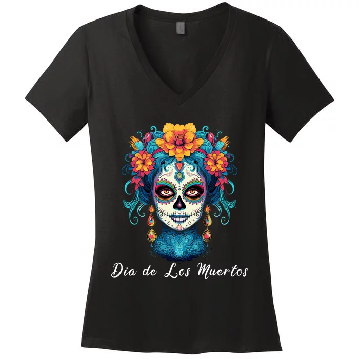 Mexican Sugar Skull Girl Halloween Dia De Los Muertos Women's V-Neck T-Shirt