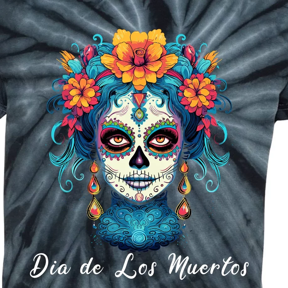 Mexican Sugar Skull Girl Halloween Dia De Los Muertos Kids Tie-Dye T-Shirt