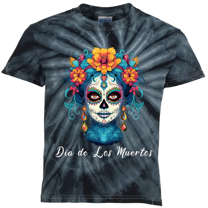 Mexican Sugar Skull Girl Halloween Dia De Los Muertos Kids Tie-Dye T-Shirt