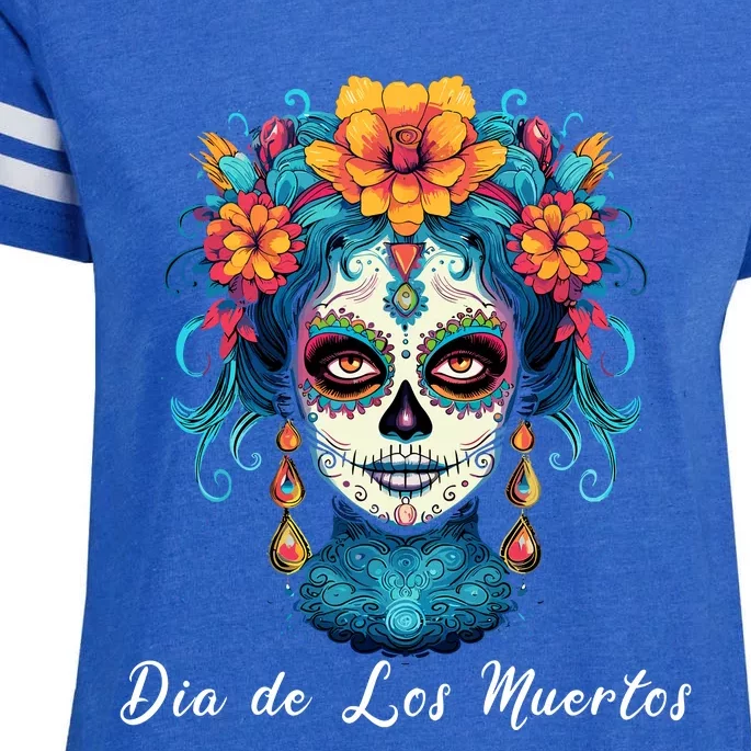 Mexican Sugar Skull Girl Halloween Dia De Los Muertos Enza Ladies Jersey Football T-Shirt