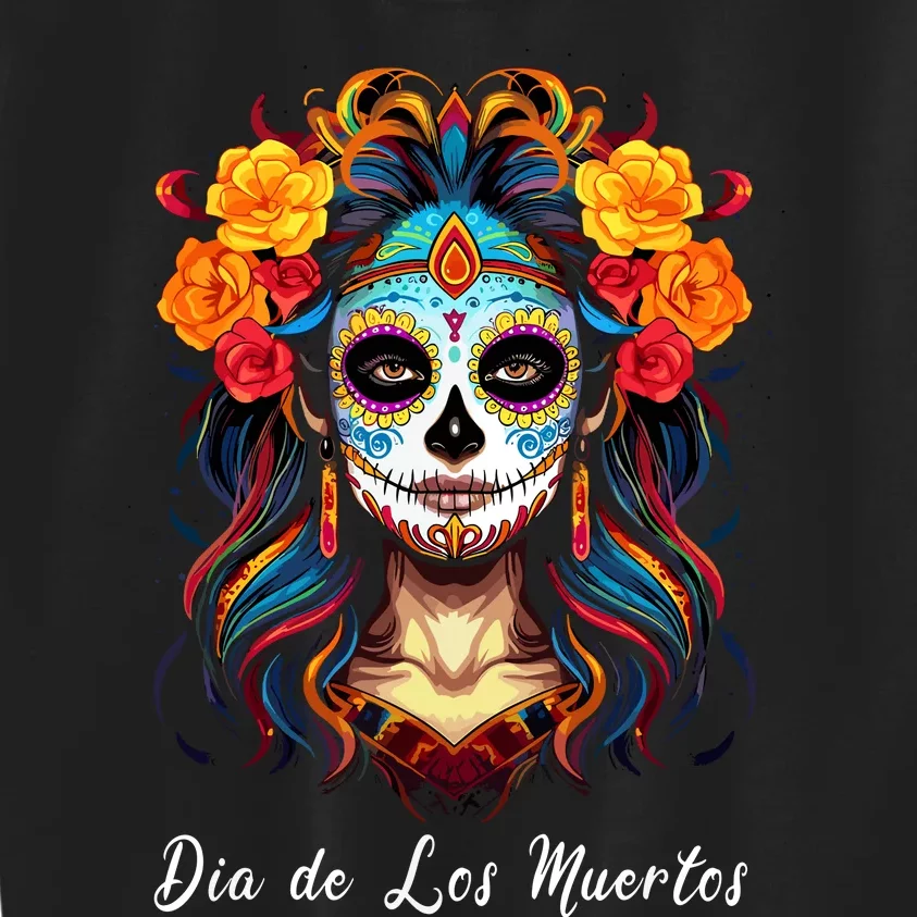 Mexican Sugar Skull Girl Halloween Dia De Los Muertos Kids Sweatshirt