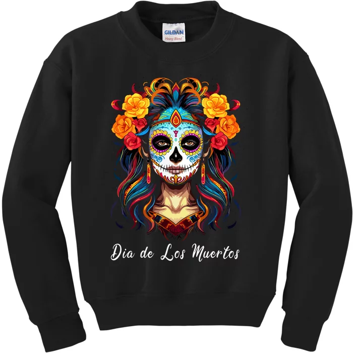 Mexican Sugar Skull Girl Halloween Dia De Los Muertos Kids Sweatshirt