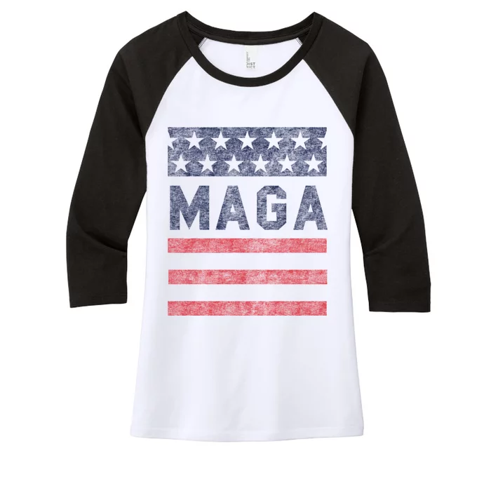 Maga Stars & Stripes Retro Vintage Distressed Graphic Women's Tri-Blend 3/4-Sleeve Raglan Shirt