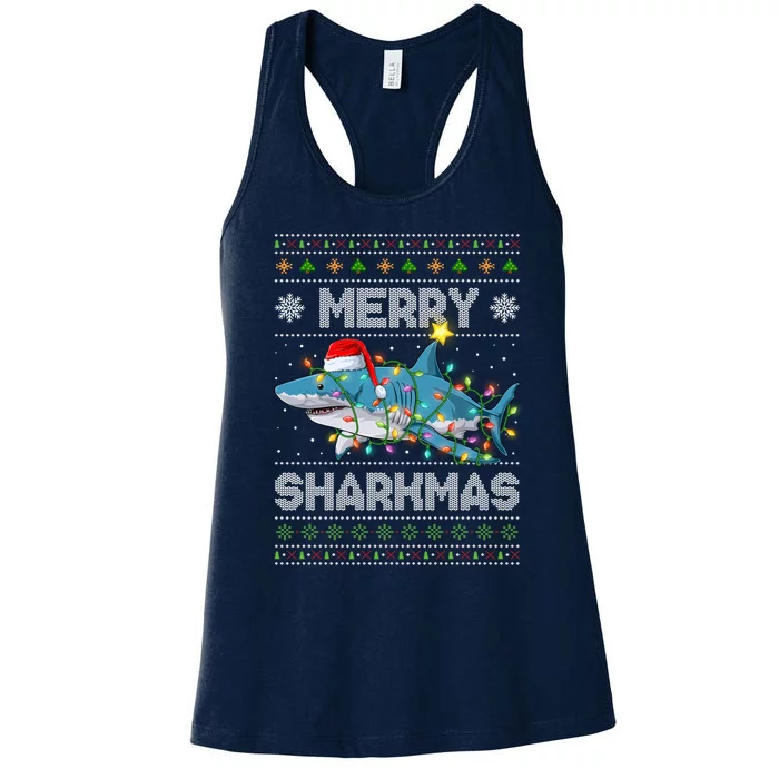 Merry Sharkmas Shark Santa Ugly Christmas Lights Xmas Women's Racerback Tank