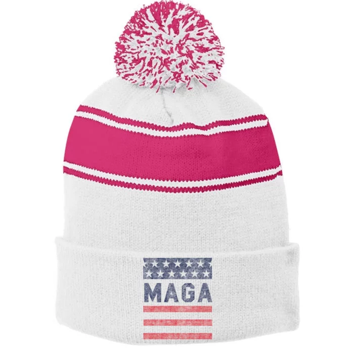 Maga Stars & Stripes Retro Vintage Distressed Graphic Stripe Pom Pom Beanie