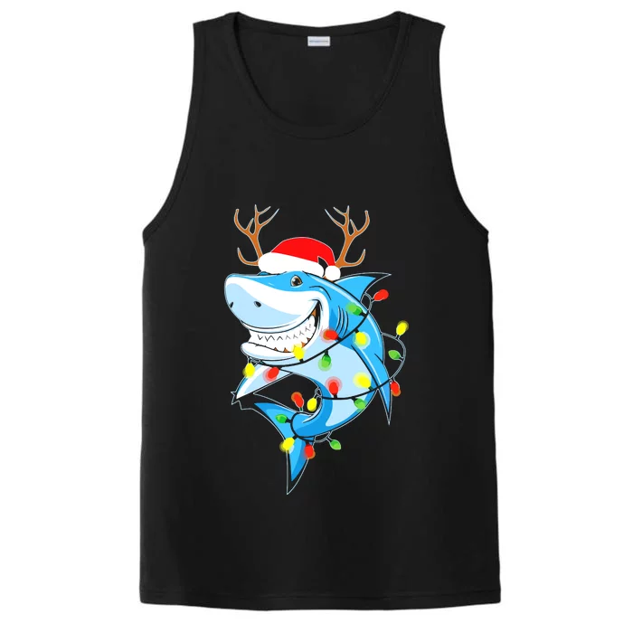 Merry Sharkmas Shark With Santa Hat Christmas Lights Xmas Performance Tank