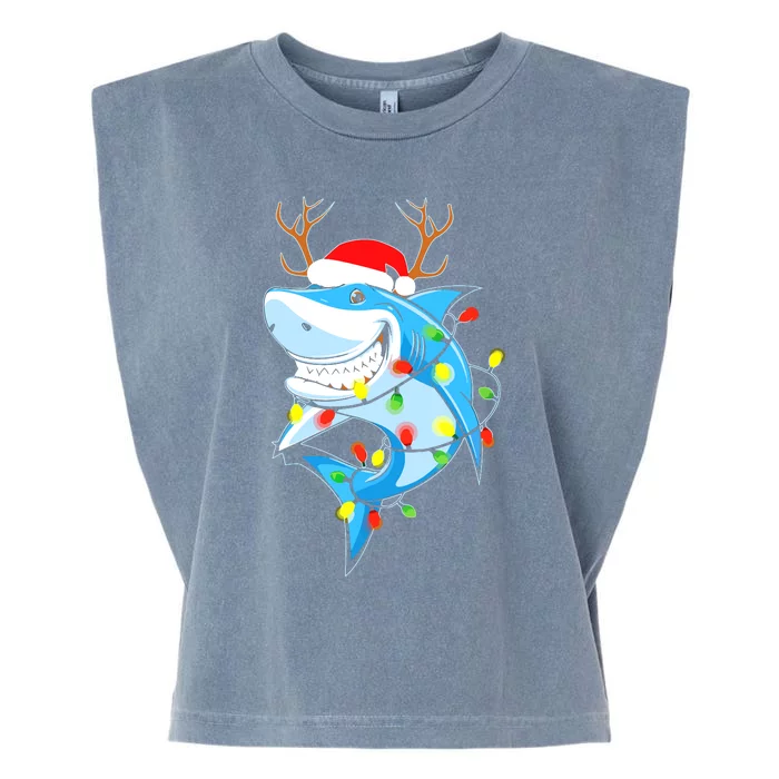 Merry Sharkmas Shark With Santa Hat Christmas Lights Xmas Garment-Dyed Women's Muscle Tee