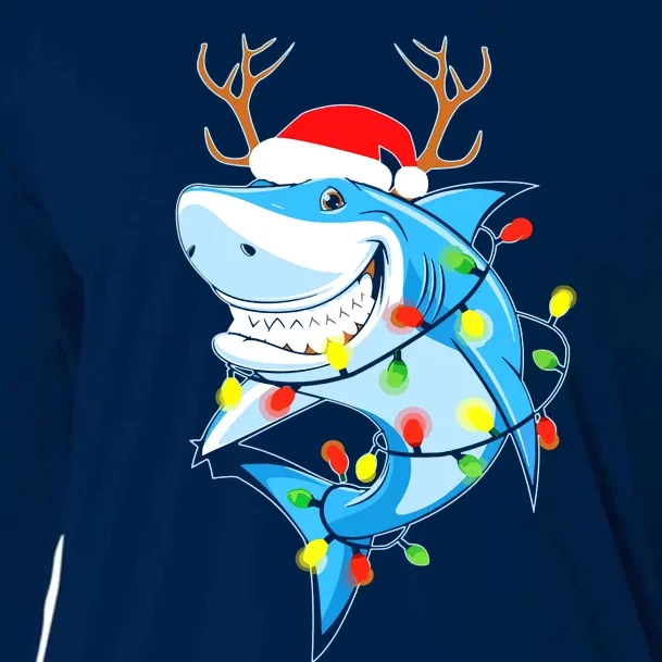 Merry Sharkmas Shark With Santa Hat Christmas Lights Xmas Cooling Performance Long Sleeve Crew