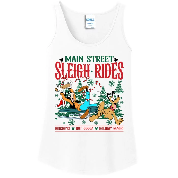 Main Street Sleigh Rides Gofy And Pluto Goofy And Pluto Family Christmas Ladies Essential Tank