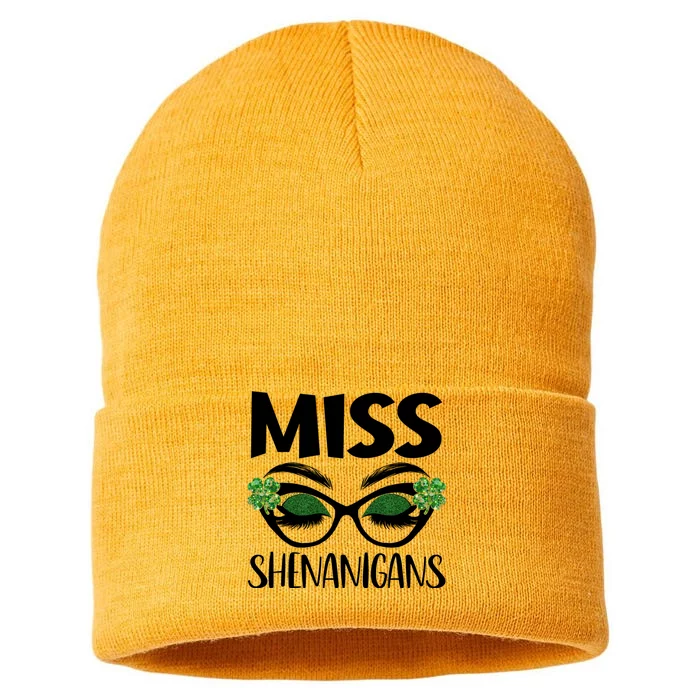 Miss Shenanigans Shamrock Glasses Eyelash Patrick's Day Gift Sustainable Knit Beanie