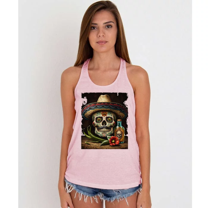 Mexican Sugar Skull Tequila Sombrero Cinco De Mayo Women's Knotted Racerback Tank