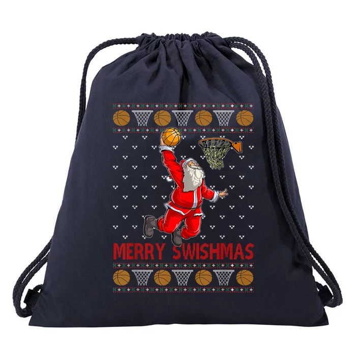 Merry Swishmas Santa Claus Playing Basketball Funny Christmas Drawstring Bag