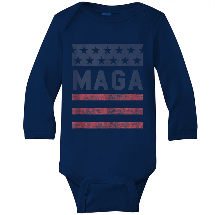 Maga Stars & Stripes Retro Vintage Distressed Usa Flag Graphic Baby Long Sleeve Bodysuit