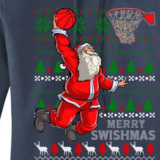 Merry Swishmas Santa Basketball Ball Ugly Christmas Sweater Women's Pullover Hoodie