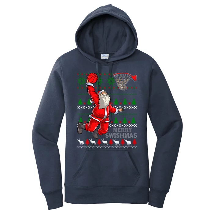 Merry Swishmas Santa Basketball Ball Ugly Christmas Sweater Women's Pullover Hoodie