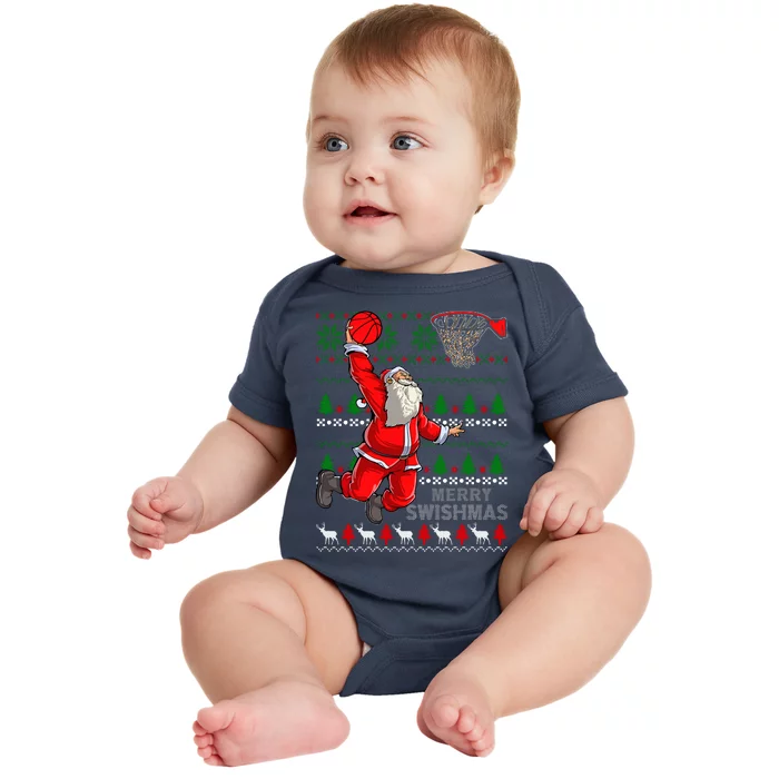 Merry Swishmas Santa Basketball Ball Ugly Christmas Sweater Baby Bodysuit