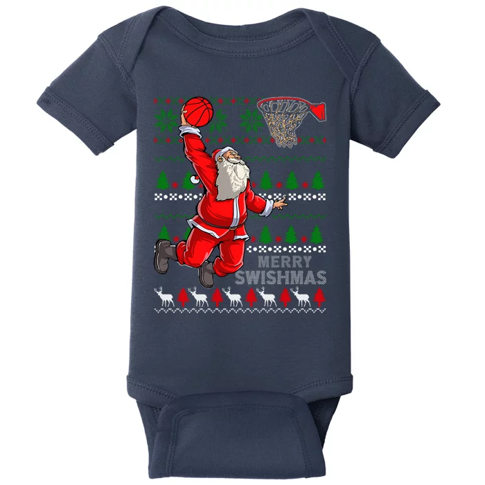 Merry Swishmas Santa Basketball Ball Ugly Christmas Sweater Baby Bodysuit