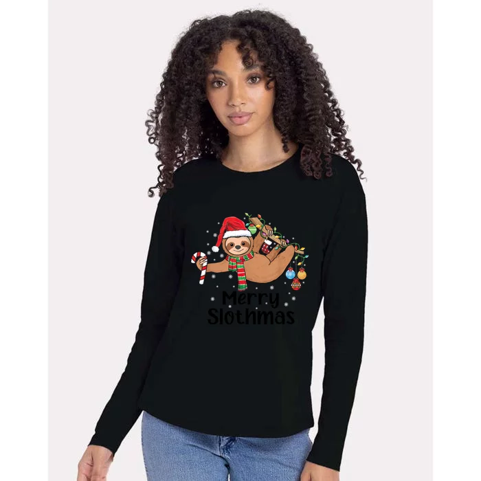 Merry Slothmas Santa Hat Christmas Lights Sloth Xmas Gift Womens Cotton Relaxed Long Sleeve T-Shirt