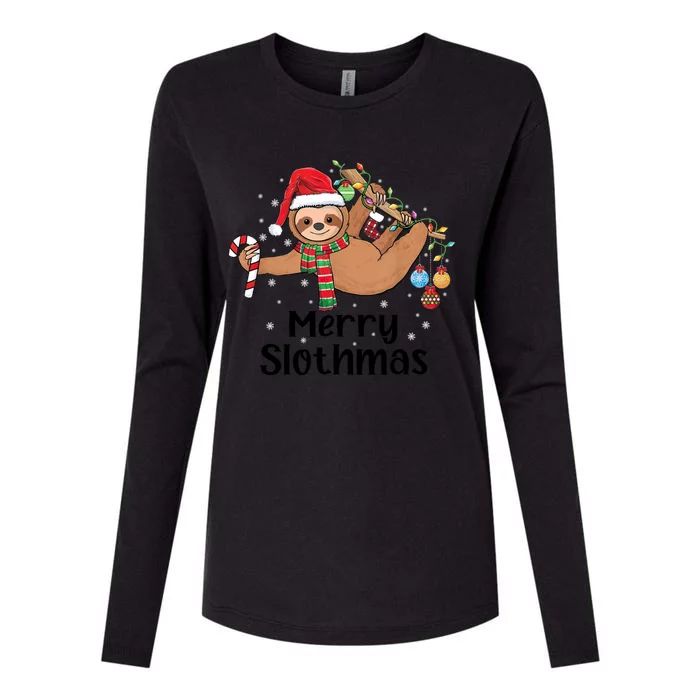 Merry Slothmas Santa Hat Christmas Lights Sloth Xmas Gift Womens Cotton Relaxed Long Sleeve T-Shirt