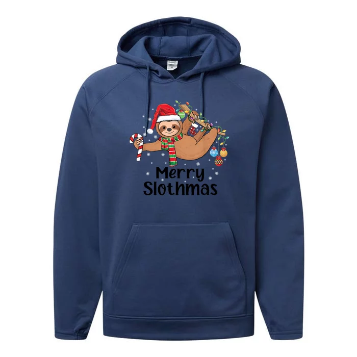 Merry Slothmas Santa Hat Christmas Lights Sloth Xmas Gift Performance Fleece Hoodie