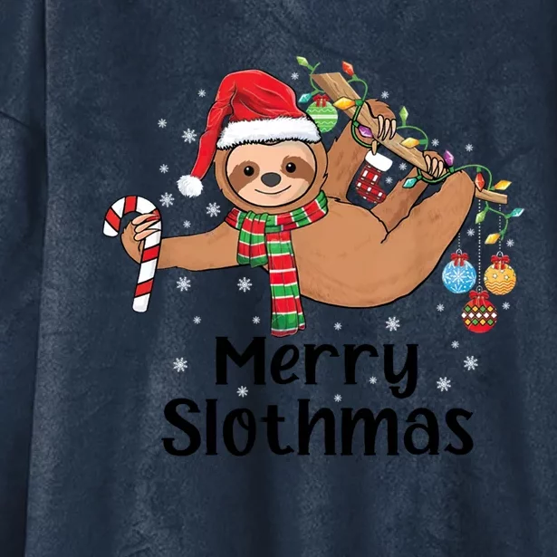 Merry Slothmas Santa Hat Christmas Lights Sloth Xmas Gift Hooded Wearable Blanket