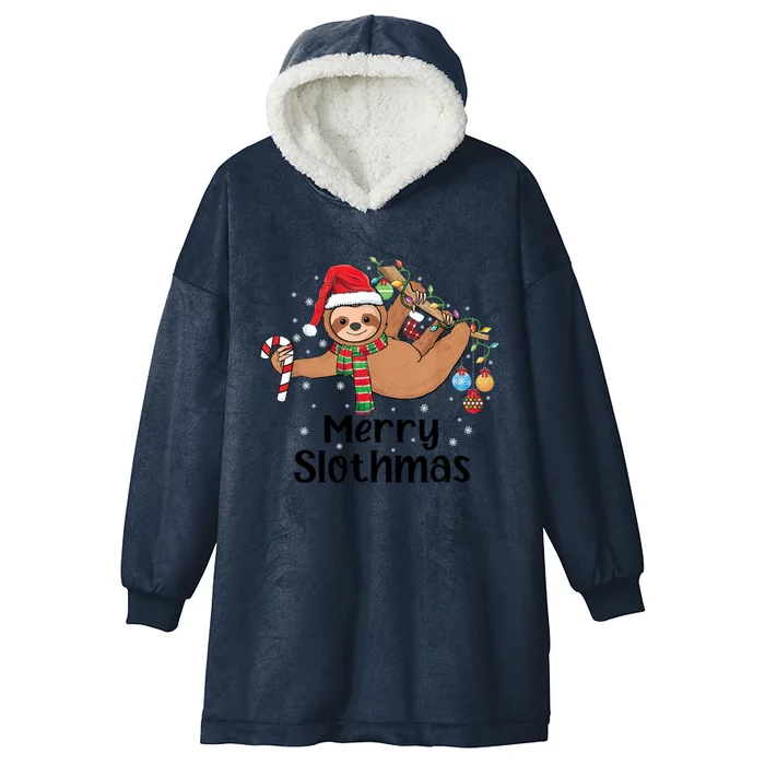 Merry Slothmas Santa Hat Christmas Lights Sloth Xmas Gift Hooded Wearable Blanket