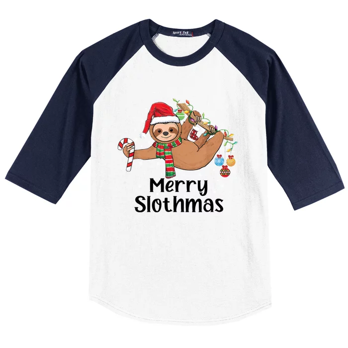 Merry Slothmas Santa Hat Christmas Lights Sloth Xmas Gift Baseball Sleeve Shirt