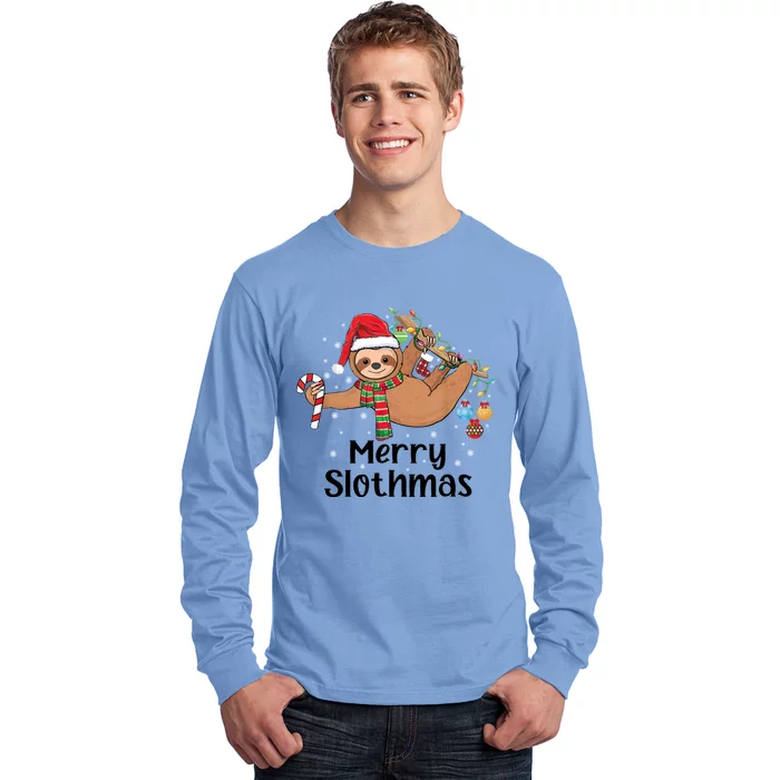 Merry Slothmas Santa Hat Christmas Lights Sloth Xmas Gift Long Sleeve Shirt