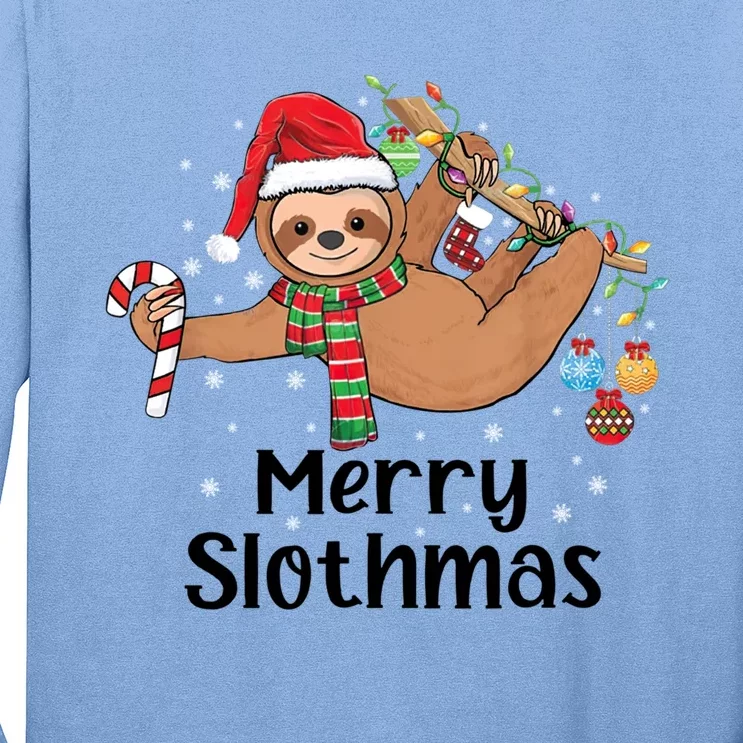 Merry Slothmas Santa Hat Christmas Lights Sloth Xmas Gift Long Sleeve Shirt