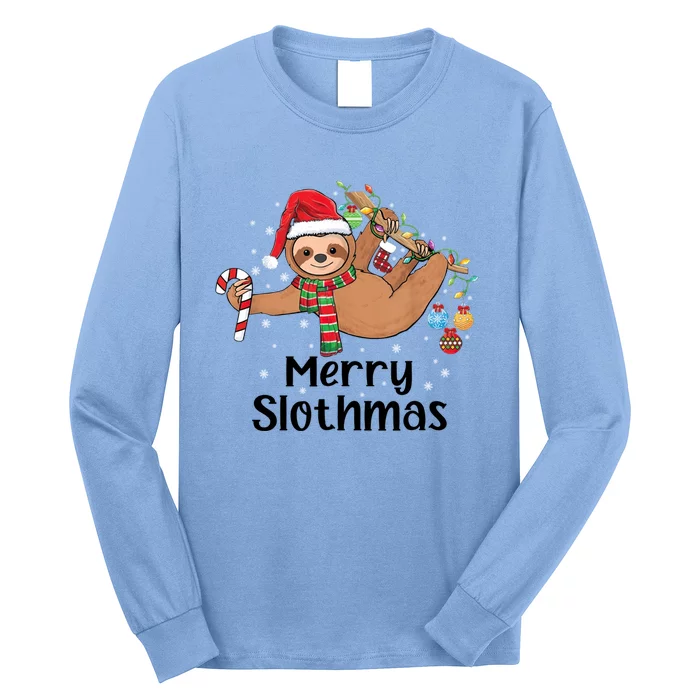 Merry Slothmas Santa Hat Christmas Lights Sloth Xmas Gift Long Sleeve Shirt