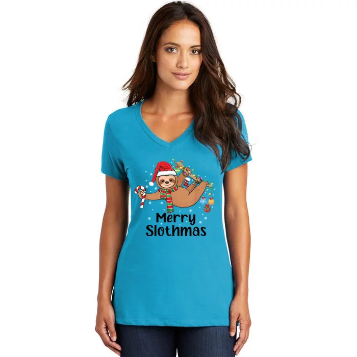 Merry Slothmas Santa Hat Christmas Lights Sloth Xmas Gift Women's V-Neck T-Shirt