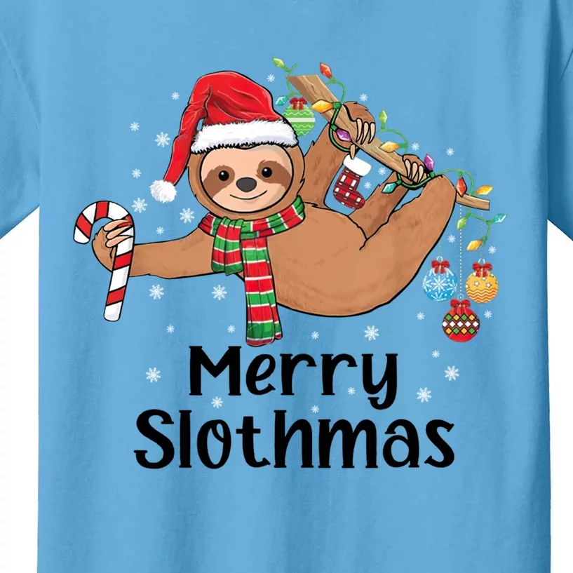 Merry Slothmas Santa Hat Christmas Lights Sloth Xmas Gift Kids T-Shirt