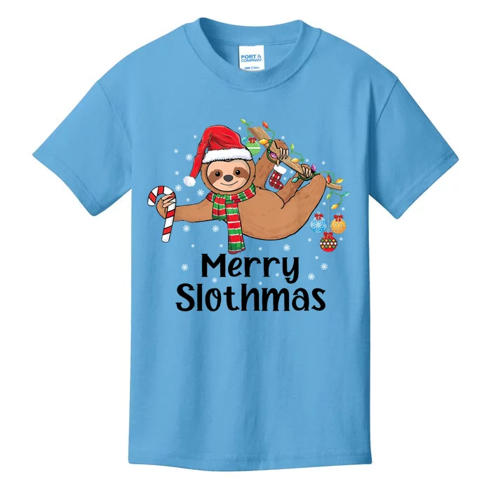 Merry Slothmas Santa Hat Christmas Lights Sloth Xmas Gift Kids T-Shirt