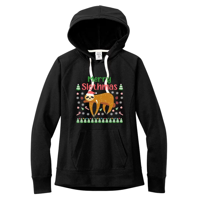 Merry Slothmas Santa Hat Christmas Lights Sloth Xmas Gift Women's Fleece Hoodie