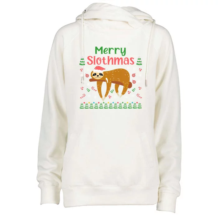 Merry Slothmas Santa Hat Christmas Lights Sloth Xmas Gift Womens Funnel Neck Pullover Hood