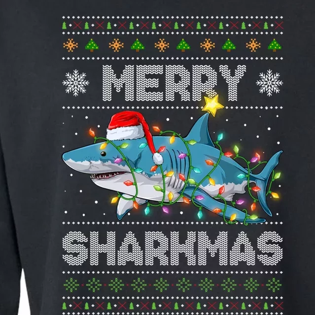 Merry Sharkmas Shark Santa Ugly Christmas Lights Xmas Cropped Pullover Crew