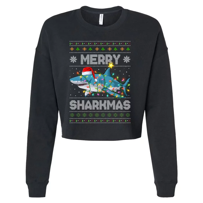 Merry Sharkmas Shark Santa Ugly Christmas Lights Xmas Cropped Pullover Crew